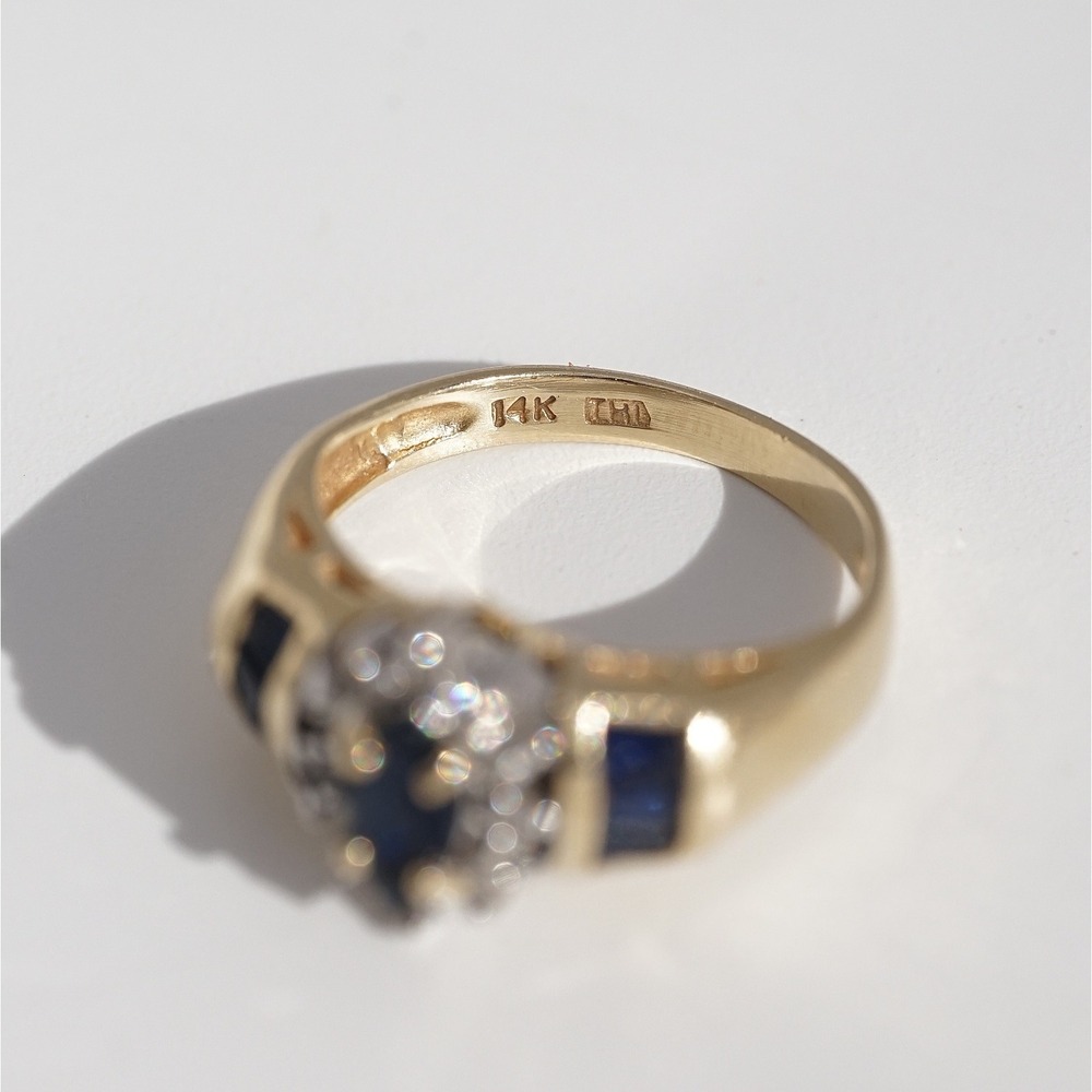 Vintage 14k Solid Yellow Gold Natural Blue‎ Sapphire & Diamond Ring Size 4 Halo - Picture 10 of 10